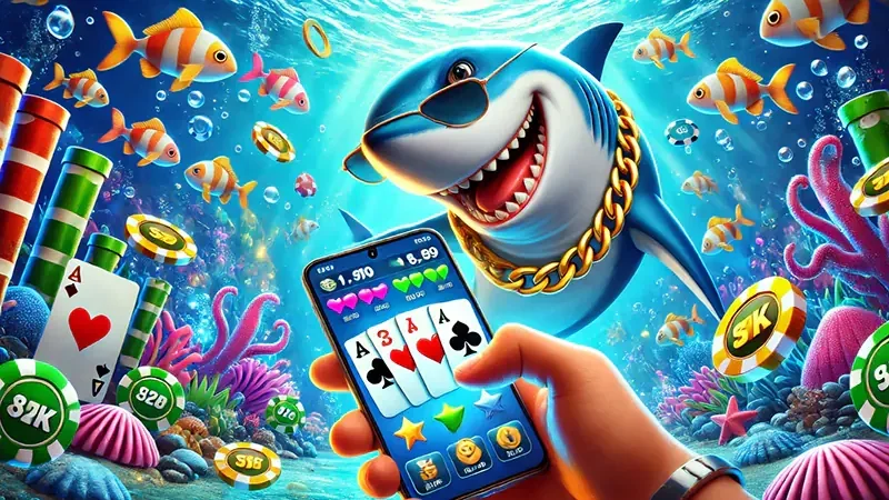 Adegan target ikan dan meriam pada layar permainan arcade bawah laut