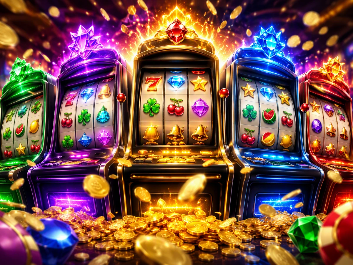 Layar slot bertema visual dengan panel permainan mobile